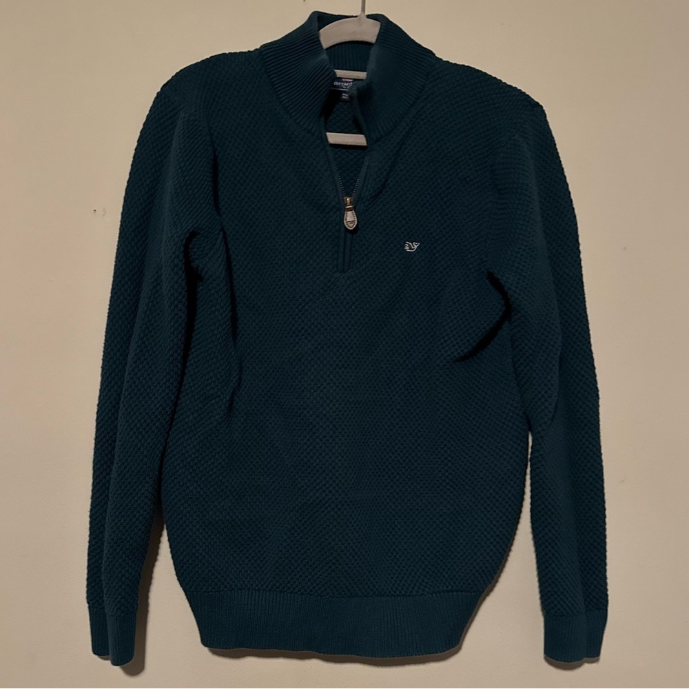 GUC Vineyard Vines Men's Dark Teal Quarter Zip 100% Cotton Knit Sweater